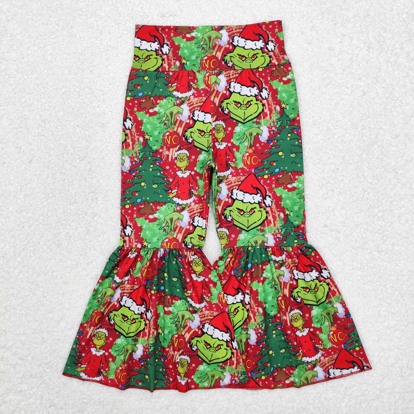 P0630 Green Frog Red Print Girls Christmas Bell Bottom Pants
