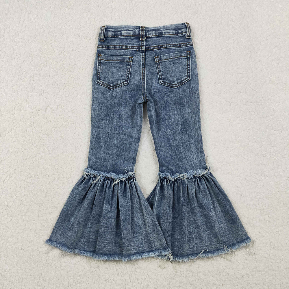 P0676 Blue Bleached Denim Bell Bottom Jeans Girls Pants