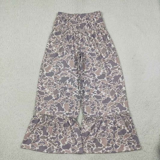 P1053 Adult Brown Camo Print Ruffle Flare Active Woman Bottom Yoga Pants