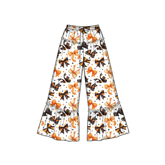 7.6 Preorder KIds Girls Halloween Orange Black Bow Star Print Wide Leg Pants
