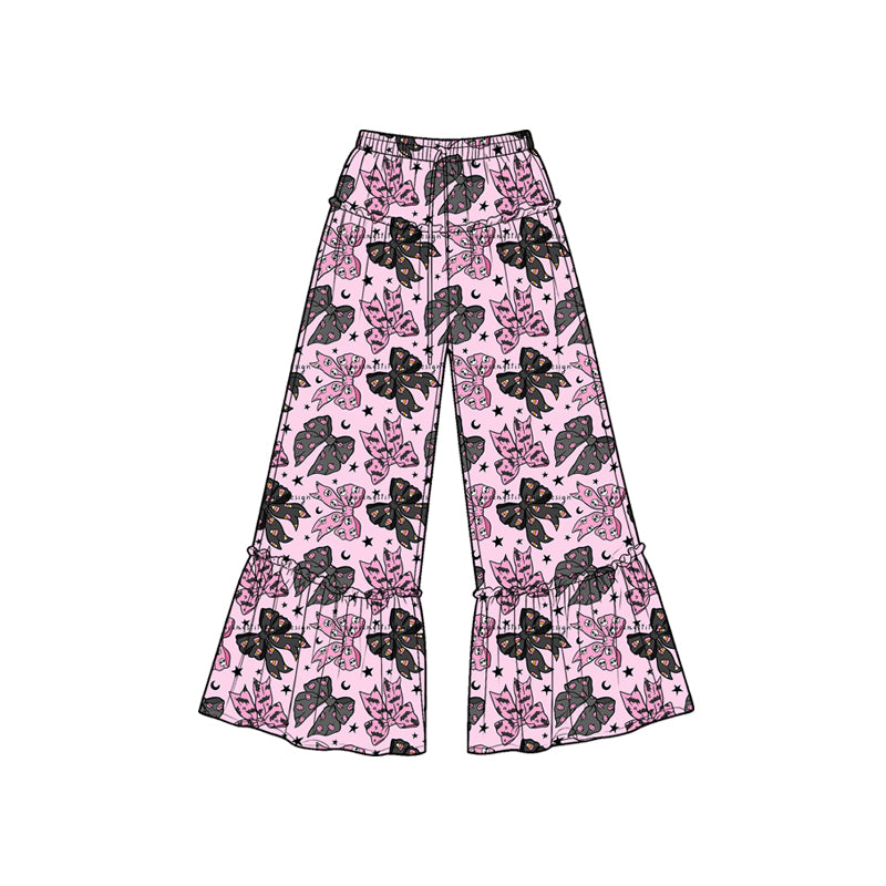 7.6 Preorder KIds Girls Pink Base Black Bow Moon Star Print Wide Leg Pants