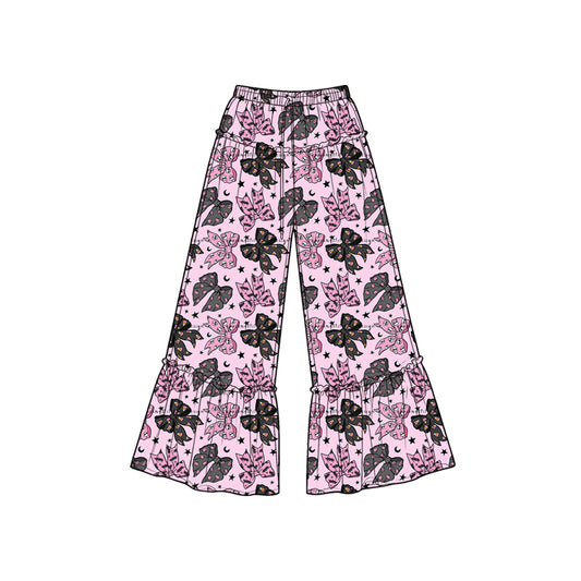7.6 Preorder KIds Girls Pink Base Black Bow Moon Star Print Wide Leg Pants