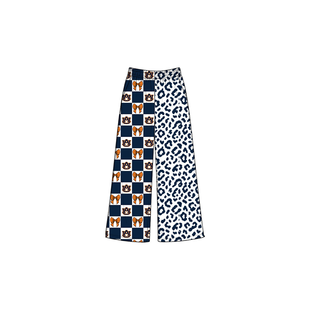 8.3 P1120 Preorder Teams Auburn Bows Checkered Leopard Print Girls Bottom Pockets Straight Pants