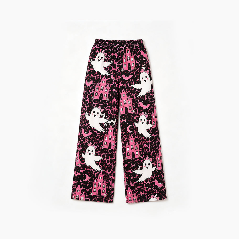 8.5 Preorder Baby Girls Pink Leopard Ghost Haunted Castle Bat Wide Leg Pants