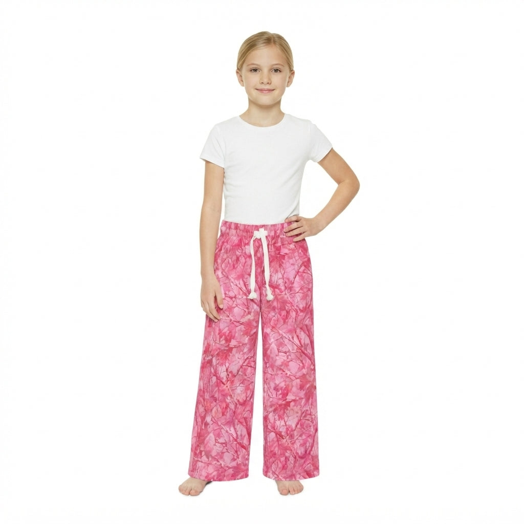 P1137 Pink Branch Print Girls Bottom Pockets Straight Pants