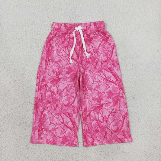 P1137 Pink Branch Print Girls Bottom Pockets Straight Pants