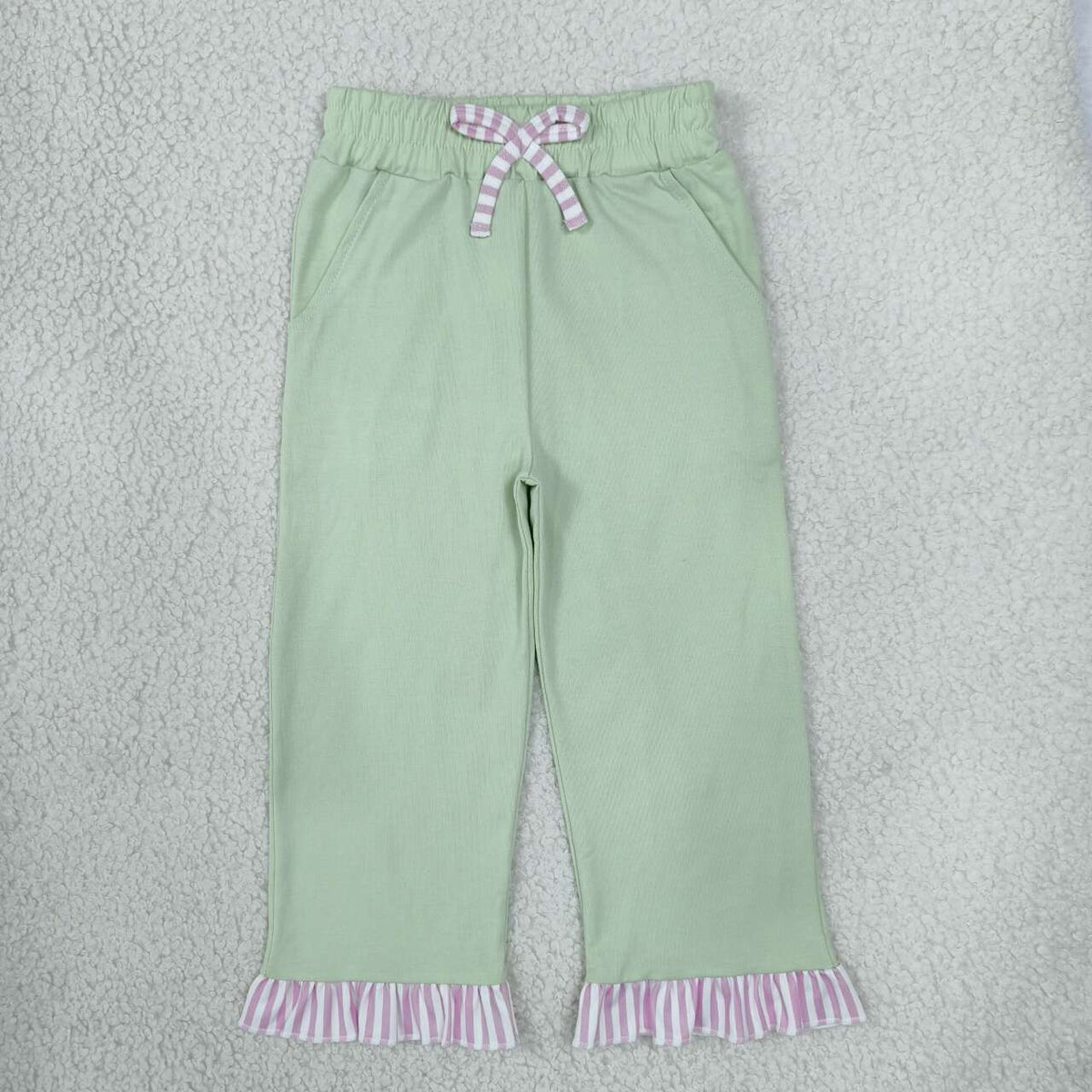 P1156 Girls Light Green Girls Wide Leg with Pink Stripe
