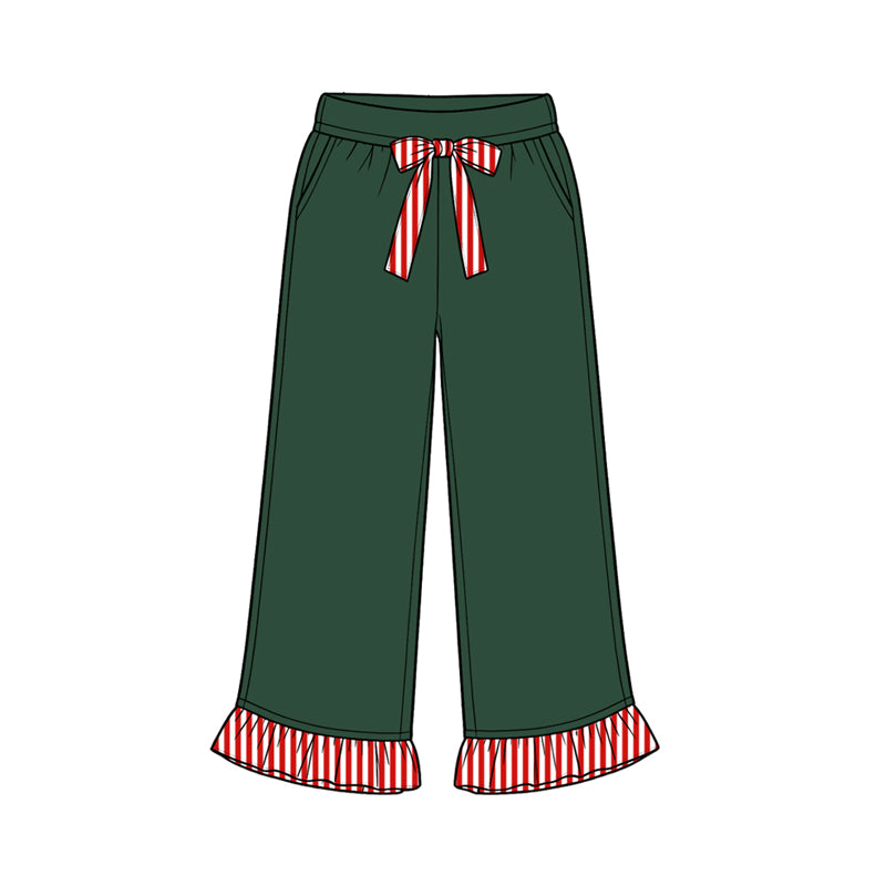 8.15 Preorder Kids Girls Green Girls Wide Leg with Red Stripe Ruffle