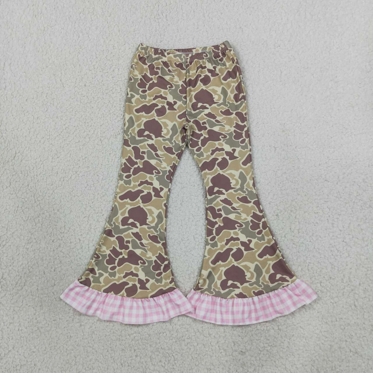 P1183 Brown Camo Pink Gingham Print Girls Ruffle Bell Bottom Pants