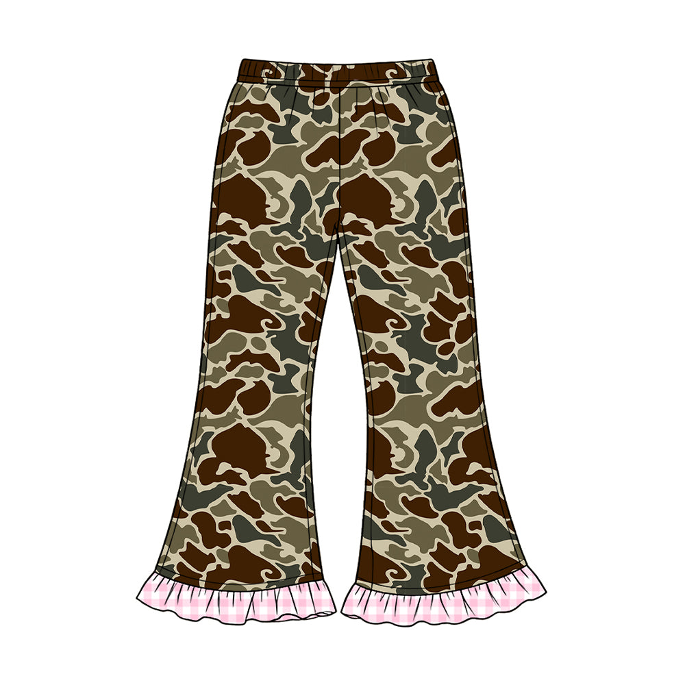 8.20 P1189 Preorder Dark Brown Green Camo Print Girls Bell Bottom Pants