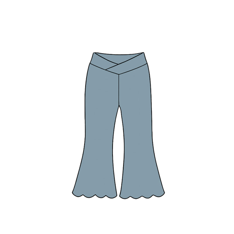 8.26 Preorder P1217 Kids Girls Light Blue Cross Wrap Waist Scalloped Flare Bell Bottom Active Pants