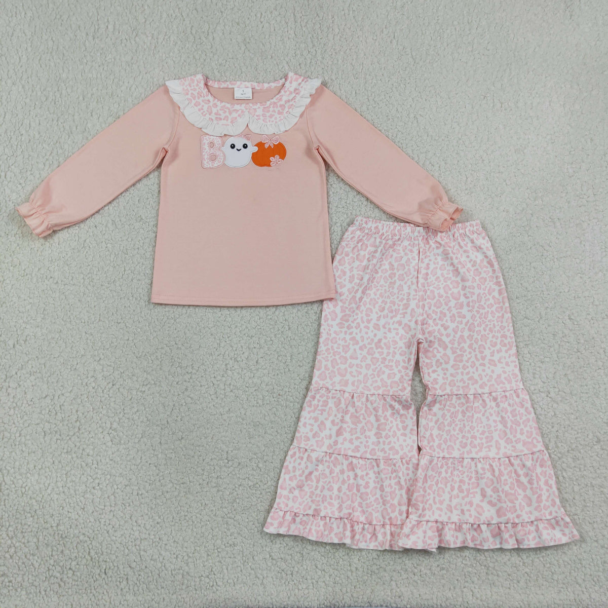 Baby Girls Halloween Boo Pumpkin Pink Leopard Flare Pants Outfit