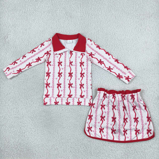 GLD1751 Red Bow Heart Long Sleeve Zip Pullover Top with Skort Girls Valentine's Day Outfit