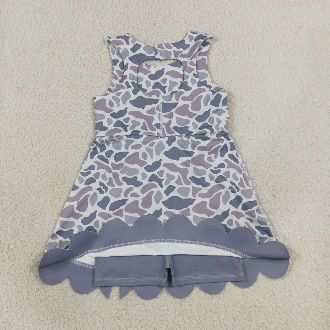 GSD4226 Grey Camo Print Girls Summer Scallop Knee Length Yoga Dress