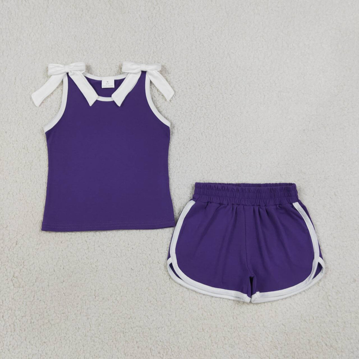 GSSO3858 Teams White Bows Vest Top Purple Pockets Shorts Girls Cotton Summer Clothes Set