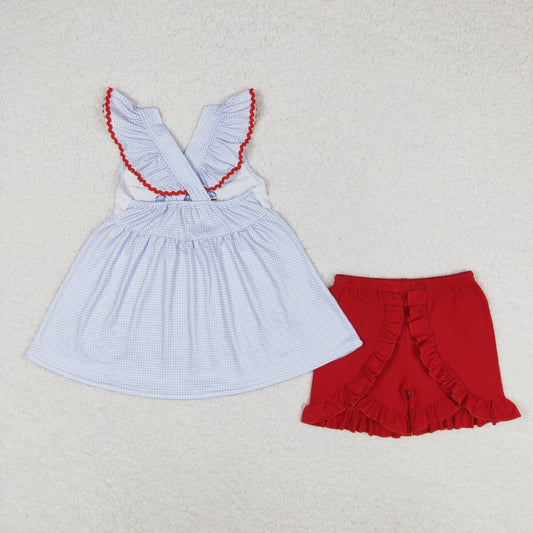 GSSO0798 Popsicle Embroidery Plaid Tunic Top Red Ruffle Shorts Baby Girls 4th Of July Outfits