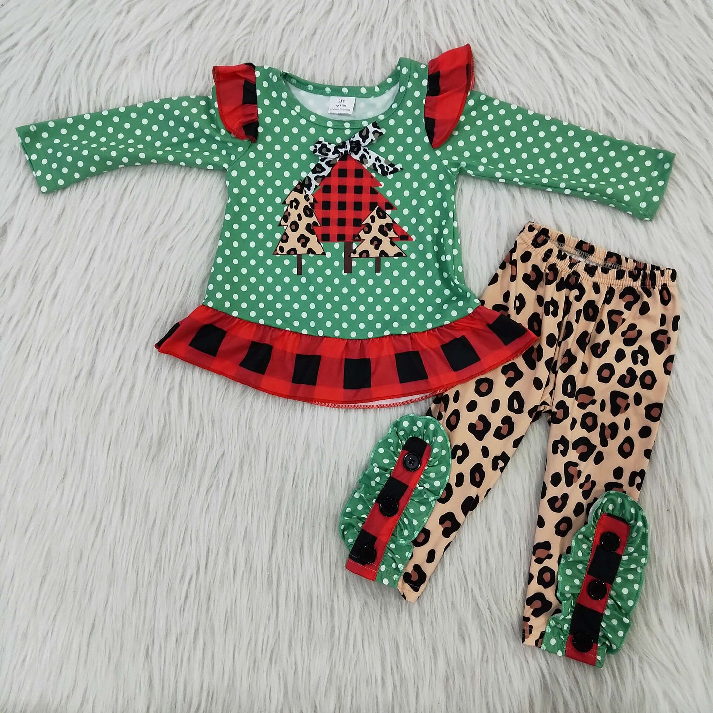 (Promotion) 6 B8-17 Tree Green Dots Top Leopard Pants Girls Christmas Clothes Sets