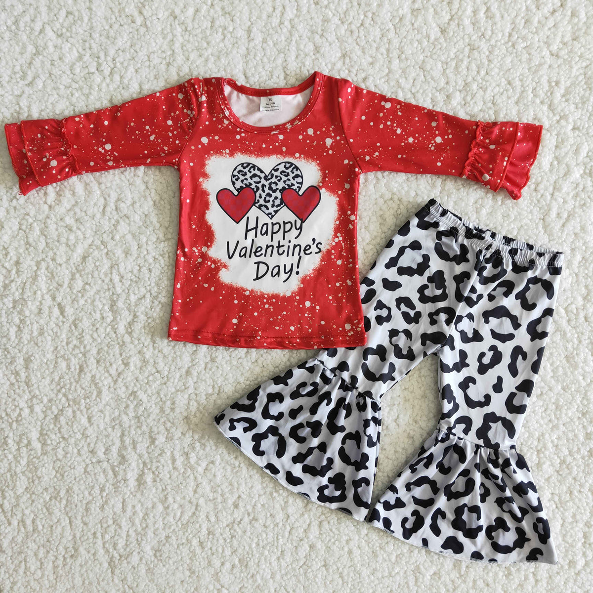 (Promotion)6 A33-12 Hearts Valentine's Day Red Top Leopard Bell Pants Girls Clothes Set