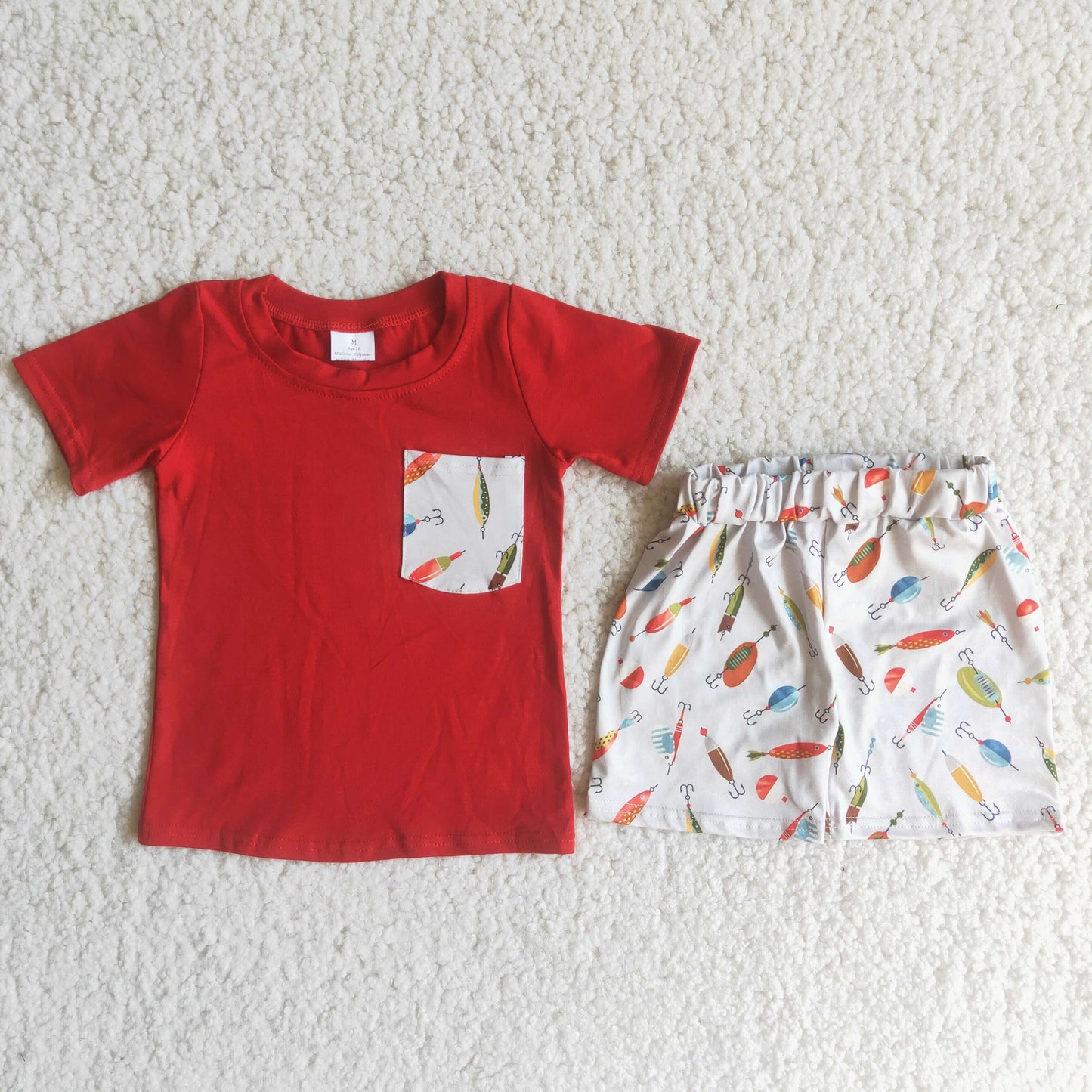(Promotion)A13-12 Red Pocket Top Fishhook Shorts Boys Summer Outfits