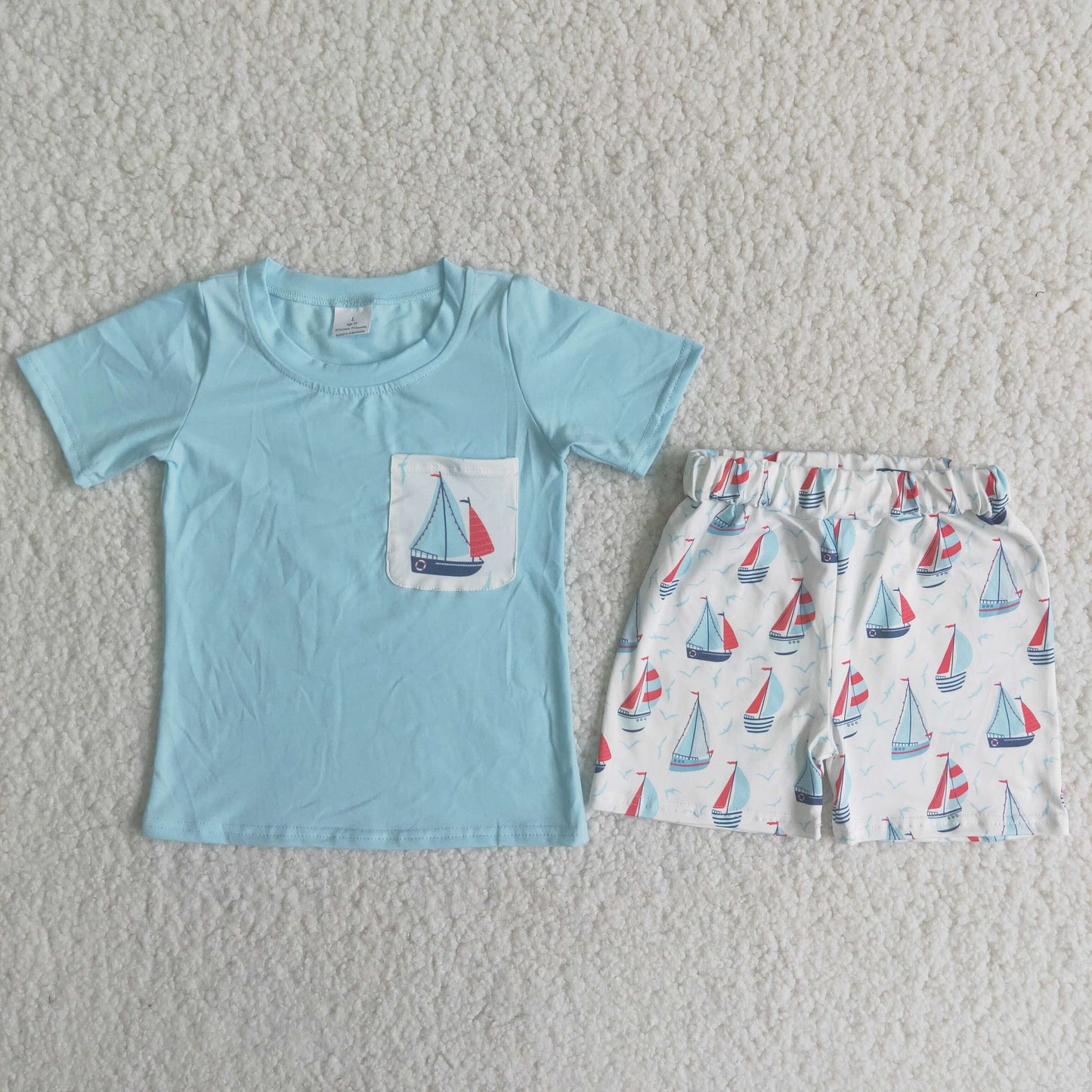 (Promotion)Blue Pocket Top Sailboat Shorts Boys Summer Outfits A7-11