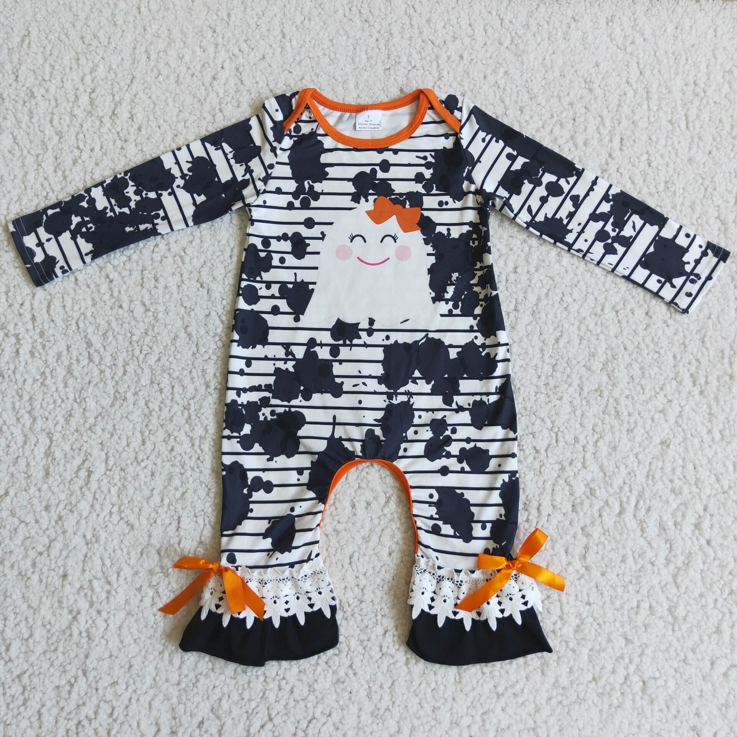 6 B1-31 Ghost Stripes Print Baby Girls Halloween Ruffle Romper