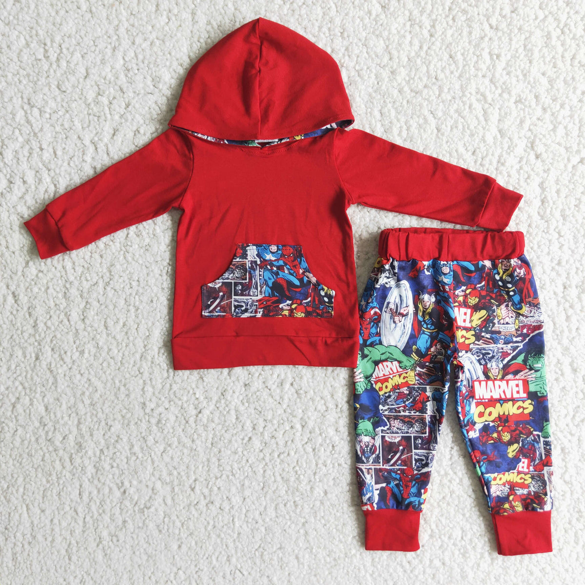 6 B6-25 Cartoon Superhero Red Hoodie Top Joggers Pants Boys Clothes Set