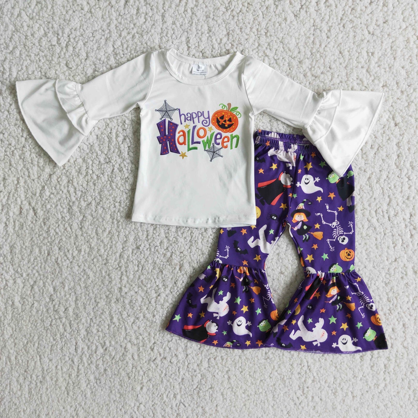 (Promotion)6 B9-22 Happy Halloween White Top Purple Bell Pants Girls Halloween Clothes Set