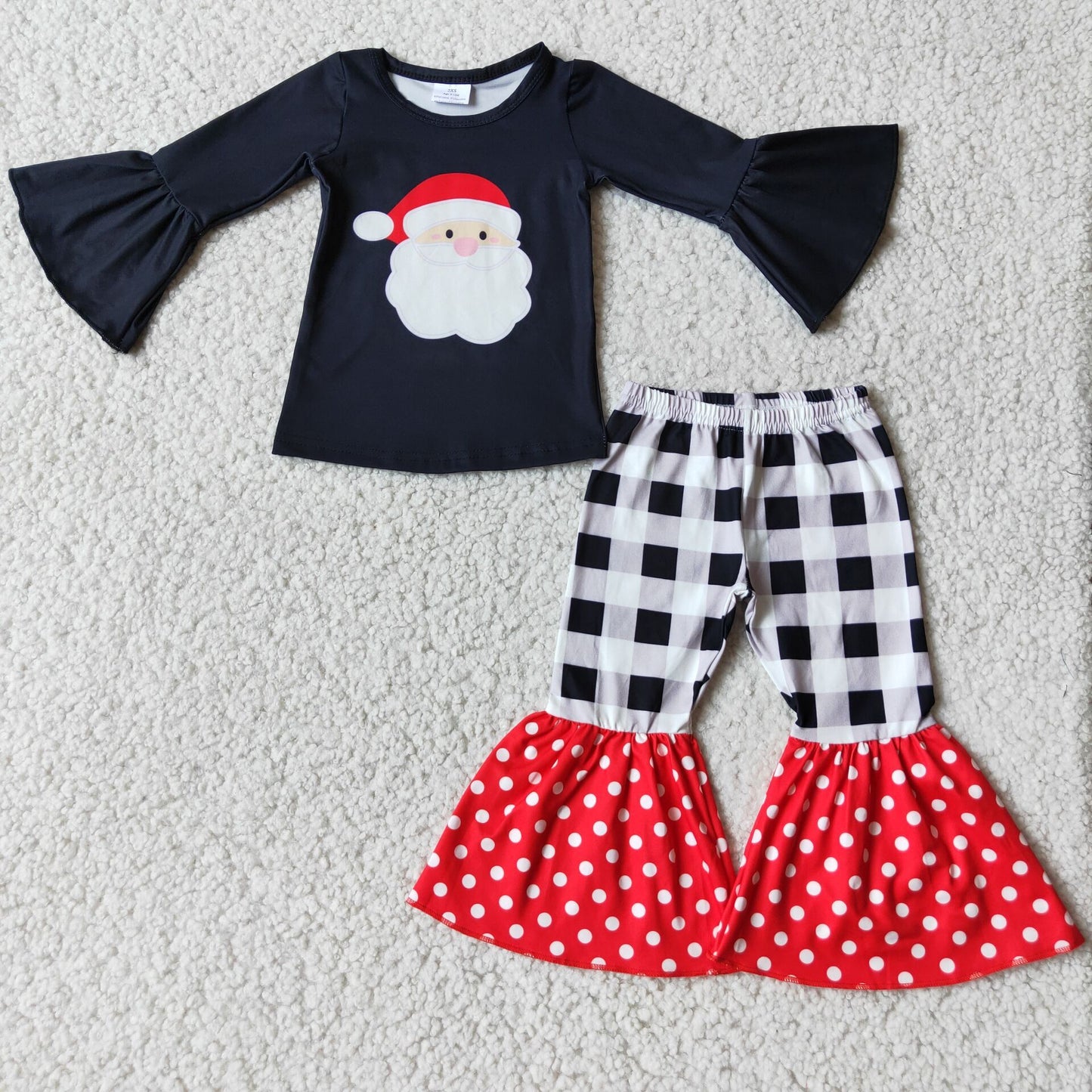 6 A8-14 Santa Black Top Checkered Bell Pants Girls Christmas Clothes Set