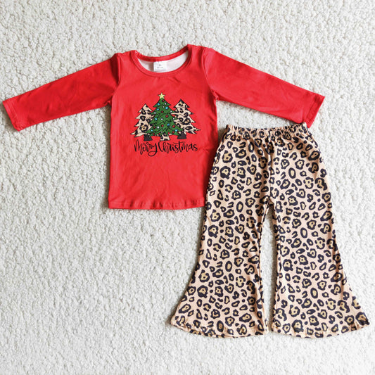 (Promotion)6 A4-19 Merry Christmas Tree Red Top Leopard Bell Pants Girls Outfits