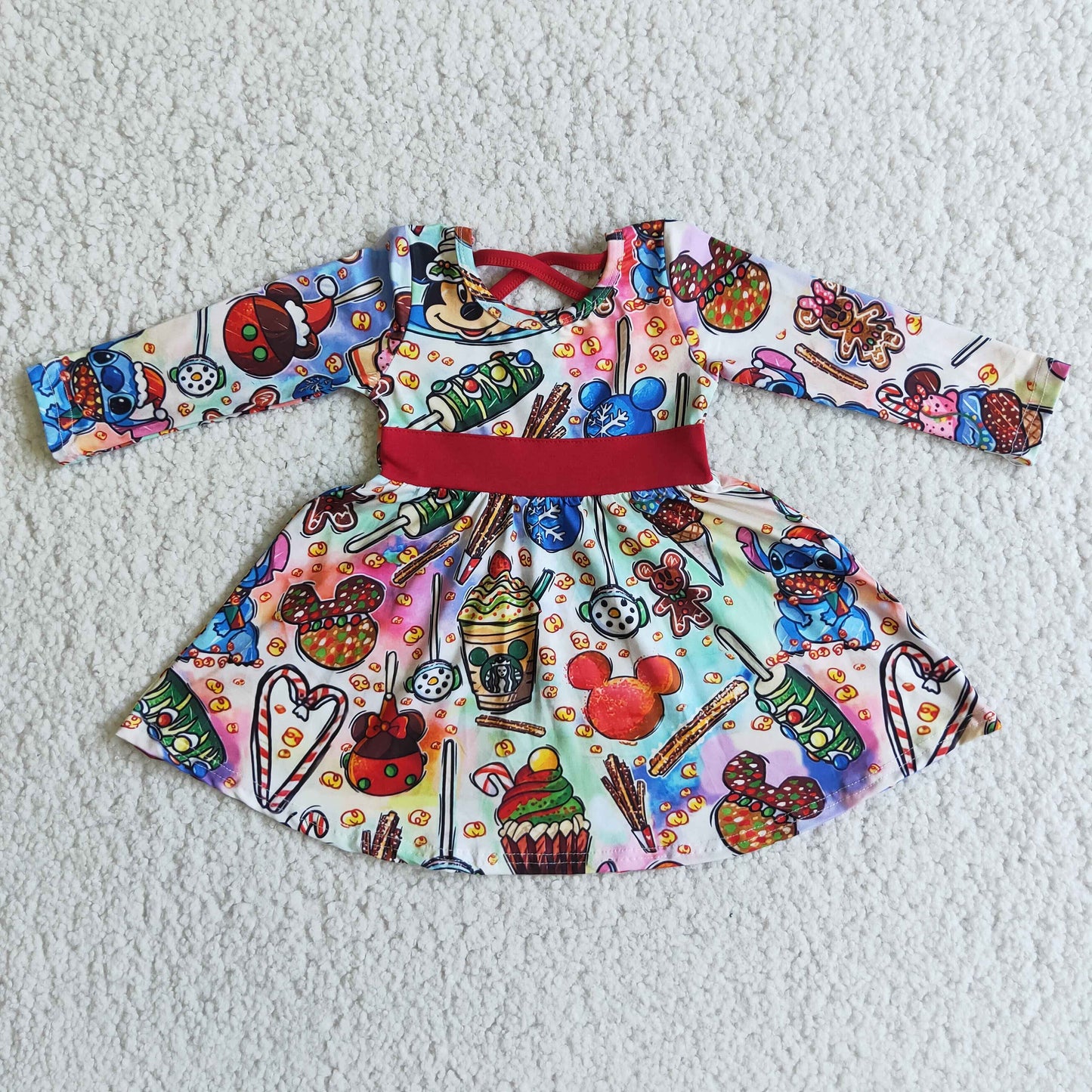 6 C9-17 Cartoon Mouse Cake Candy Print Girls Christmas Knee Length Dress