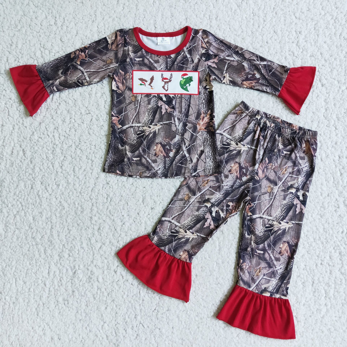 (Promotion)6 C9-4 Duck Deer Fish Branch Camo Print Girls Christmas Pajamas Clothes Set