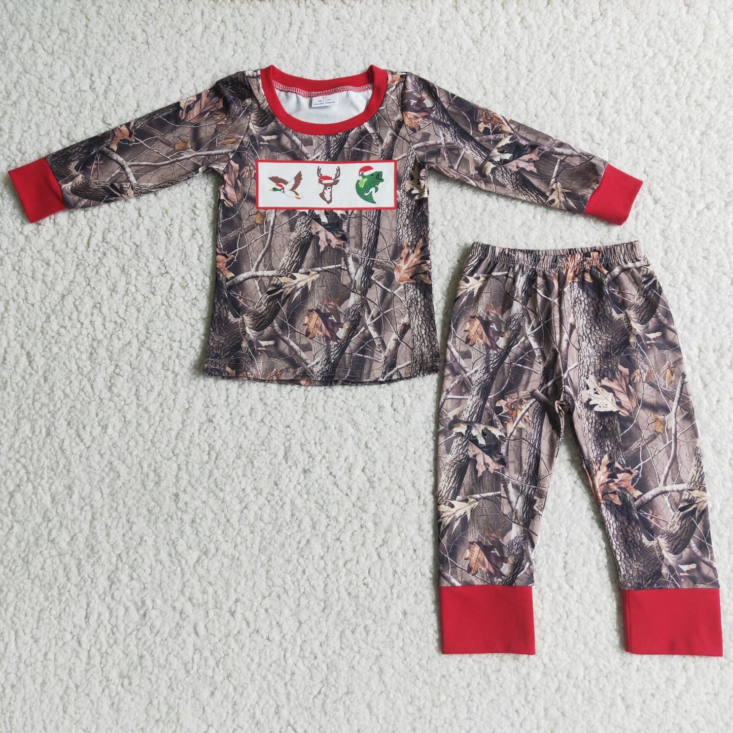 (Promotion)6 A9-13-1 Duck Deer Fish Branch Camo Print Boys Christmas Pajamas Clothes Set