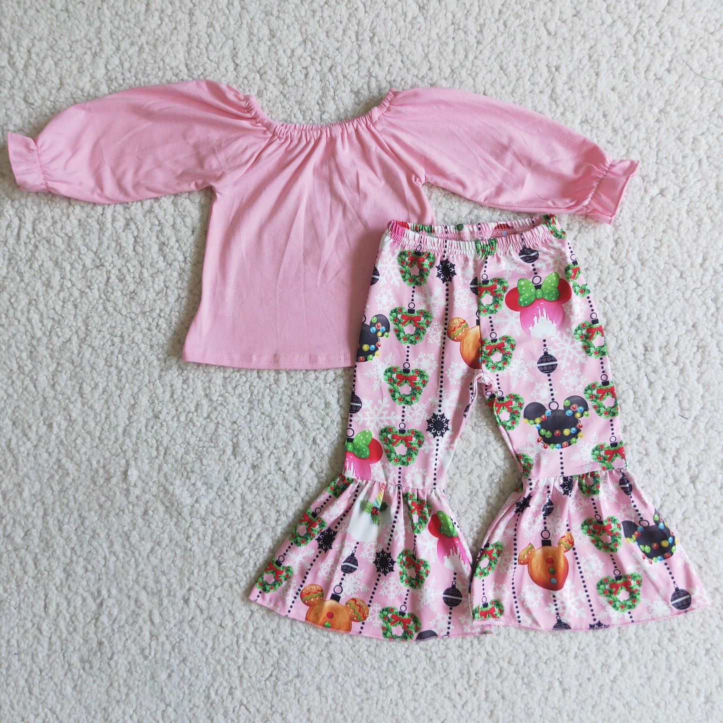 (Promotion)6 C10-20 Pink Top Cartoon Mouse Holly Bell Pants Girls Christmas Clothes Set