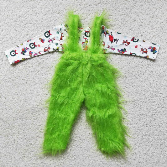 6 B0-4 Green Frog Top Fur Suspender Boys Christmas Clothes Set