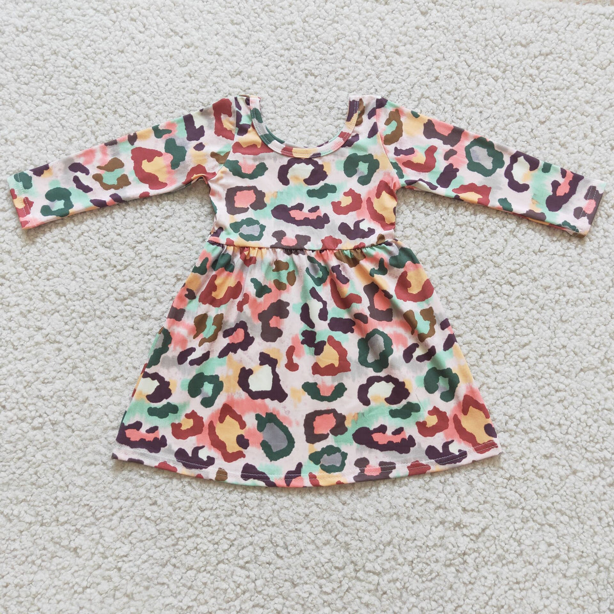 (Promotion)6 B11-29 Colorful Leopard Print Girls Long Sleeve Knee Length Dress