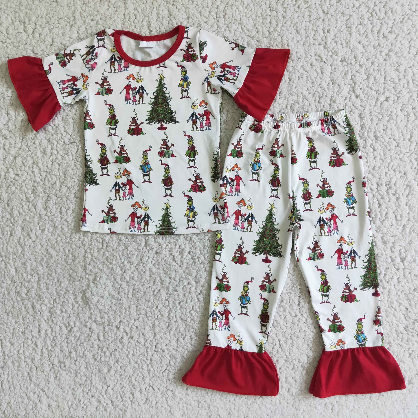 (Promotion)D2-4 Green Frog Print Girls Christmas Pajamas Clothes Set