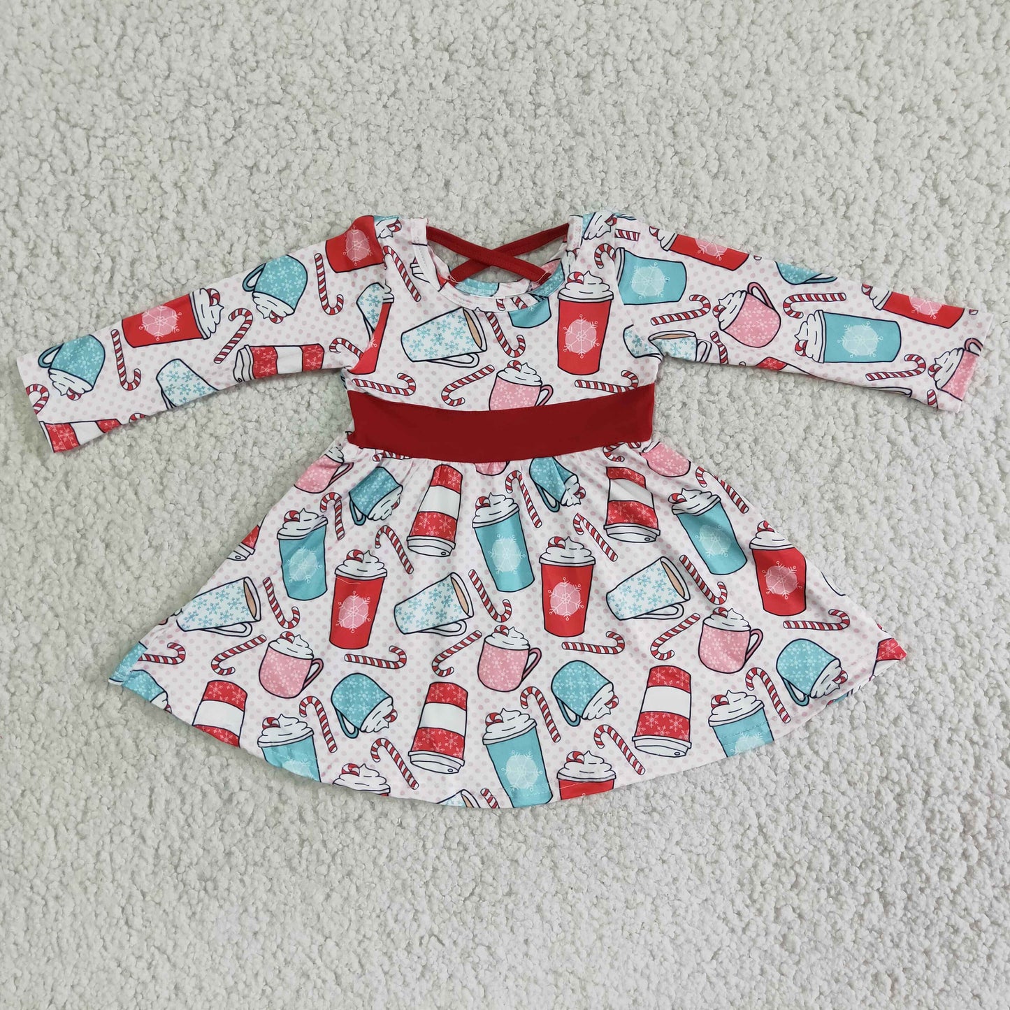 (Promotion)6 B12-19 Milk Candy Cane Print Girls Christmas Knee Length Dress
