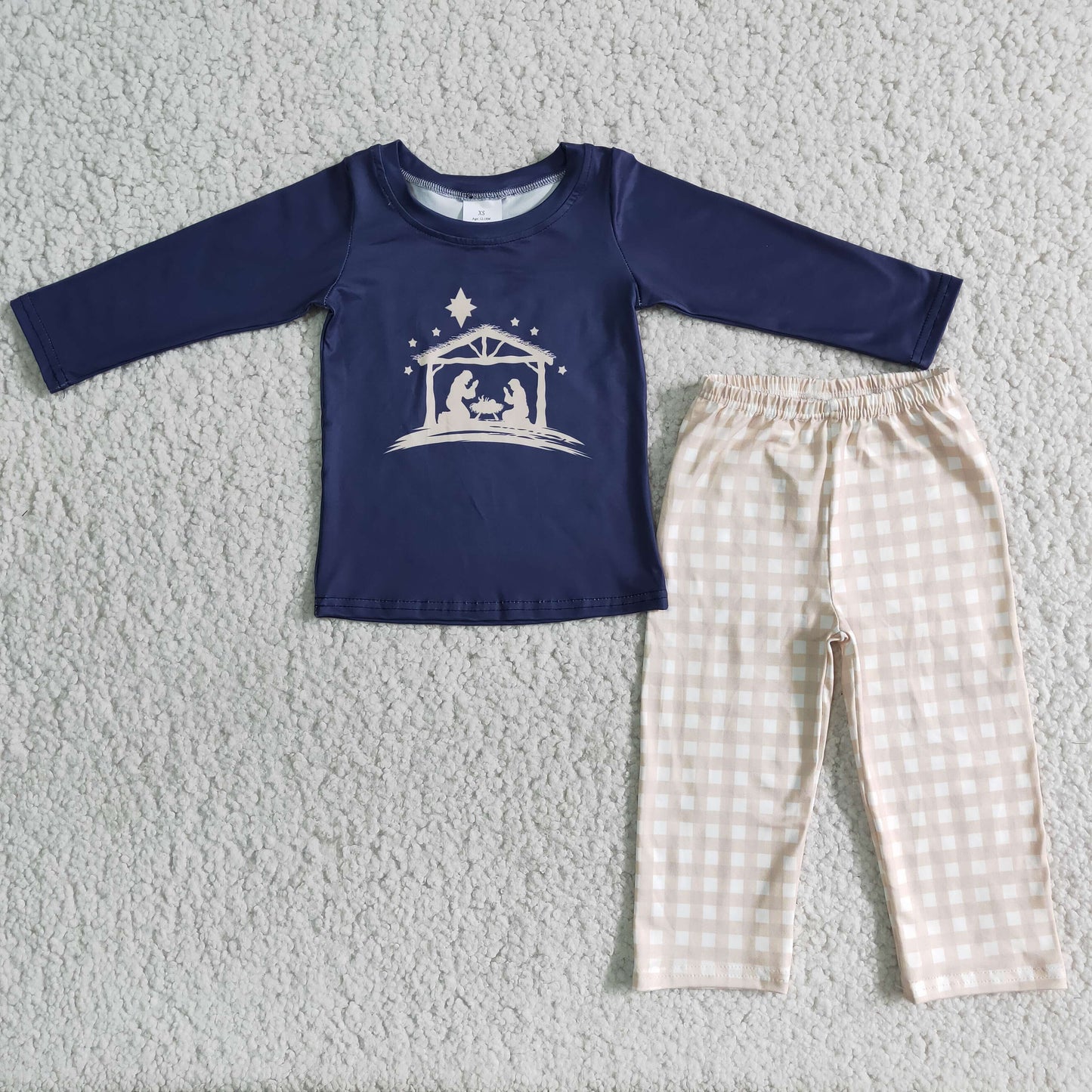(Promotion)6 A11-1 Nativity Navy Top Checkered Pants Boys Christmas Clothes Set