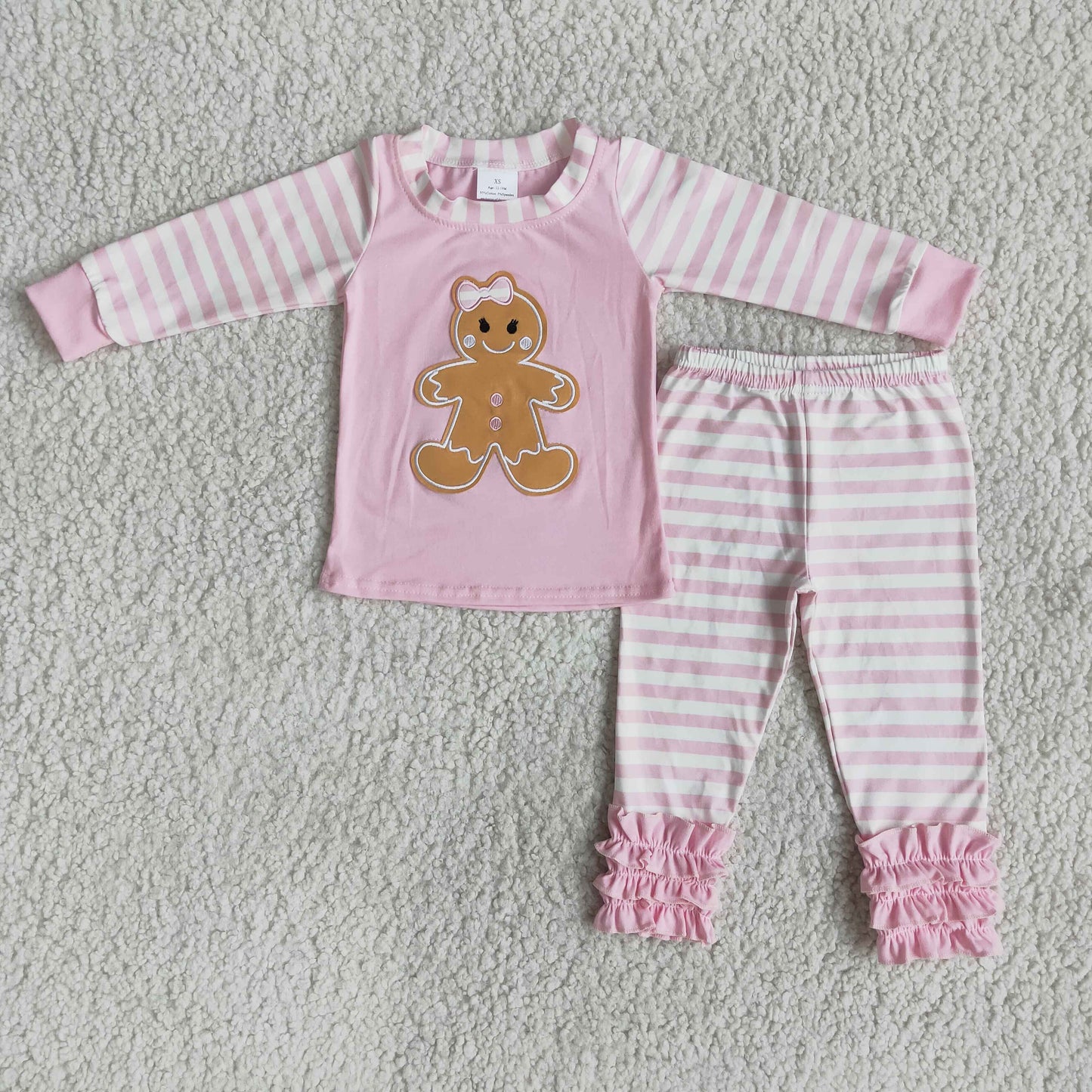 (Promotion) Girls's long sleeve pants Christmas gingerbread embroideried pajamas 6 A7-26