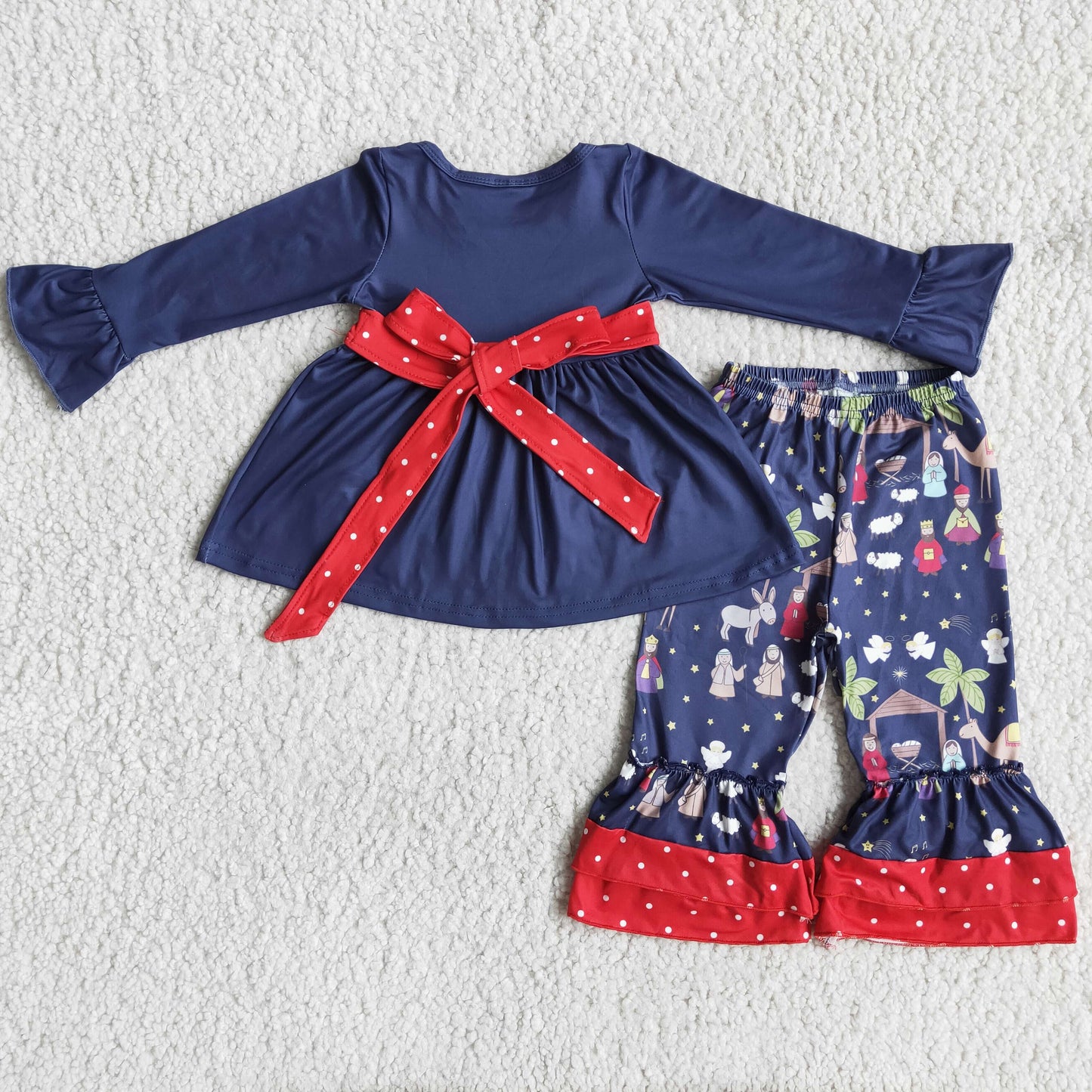 (Promotion) 6 A12-17 Nativity Navy Tunic Top Ruffles Pants Girls Christmas Clothes Set