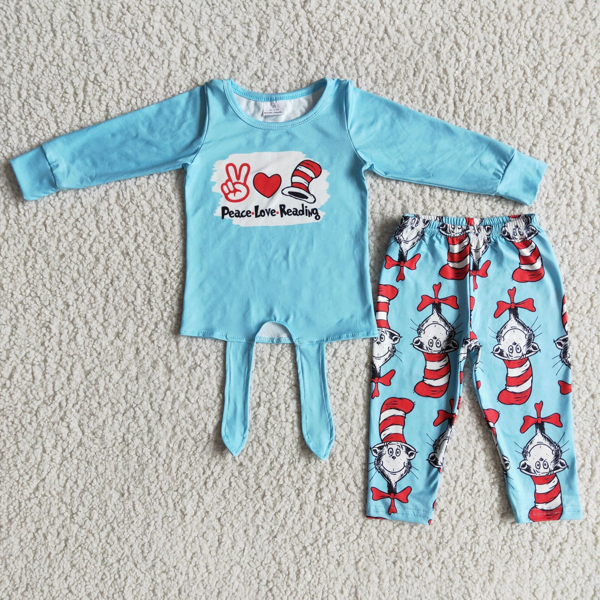 (Promotion)6 B2-8 Peace Love Dr.Reading Blue Top Cat Pants Girls Clothes Set