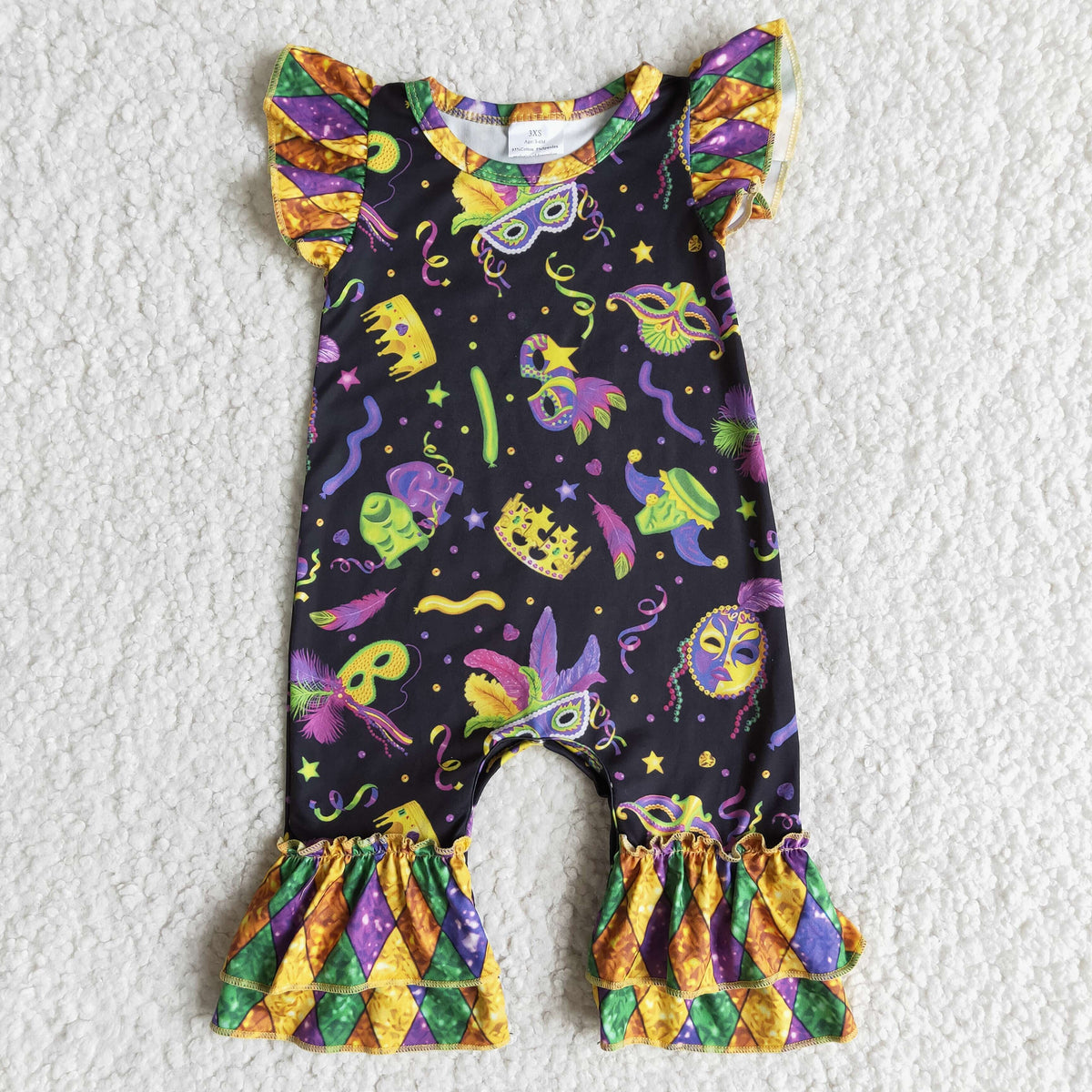 (Promotion)E7-14 Mask Print Baby Girls Mardi Gras Ruffle Romper