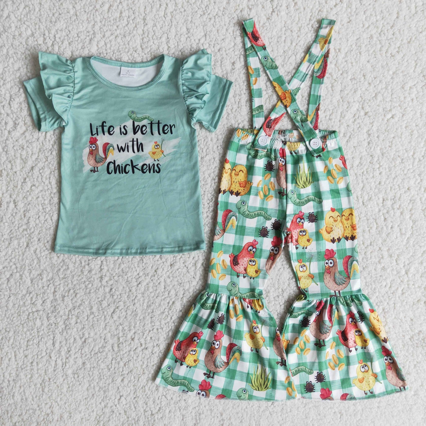 Girls overall design short sleeve bell bottom pants outfits E9-15