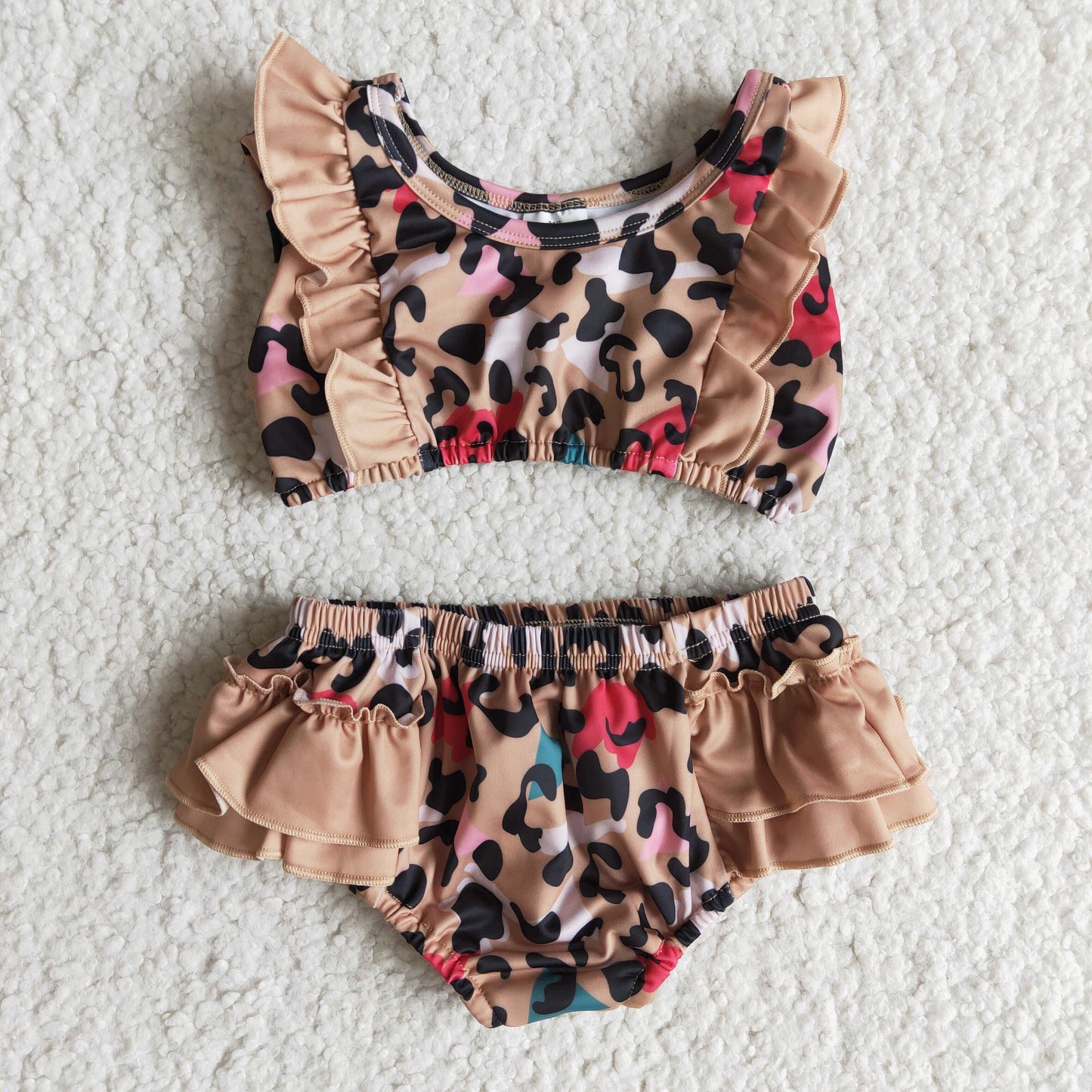 B2-3 Leopard Print Ruffle Baby Girls 2pcs Swimsuits