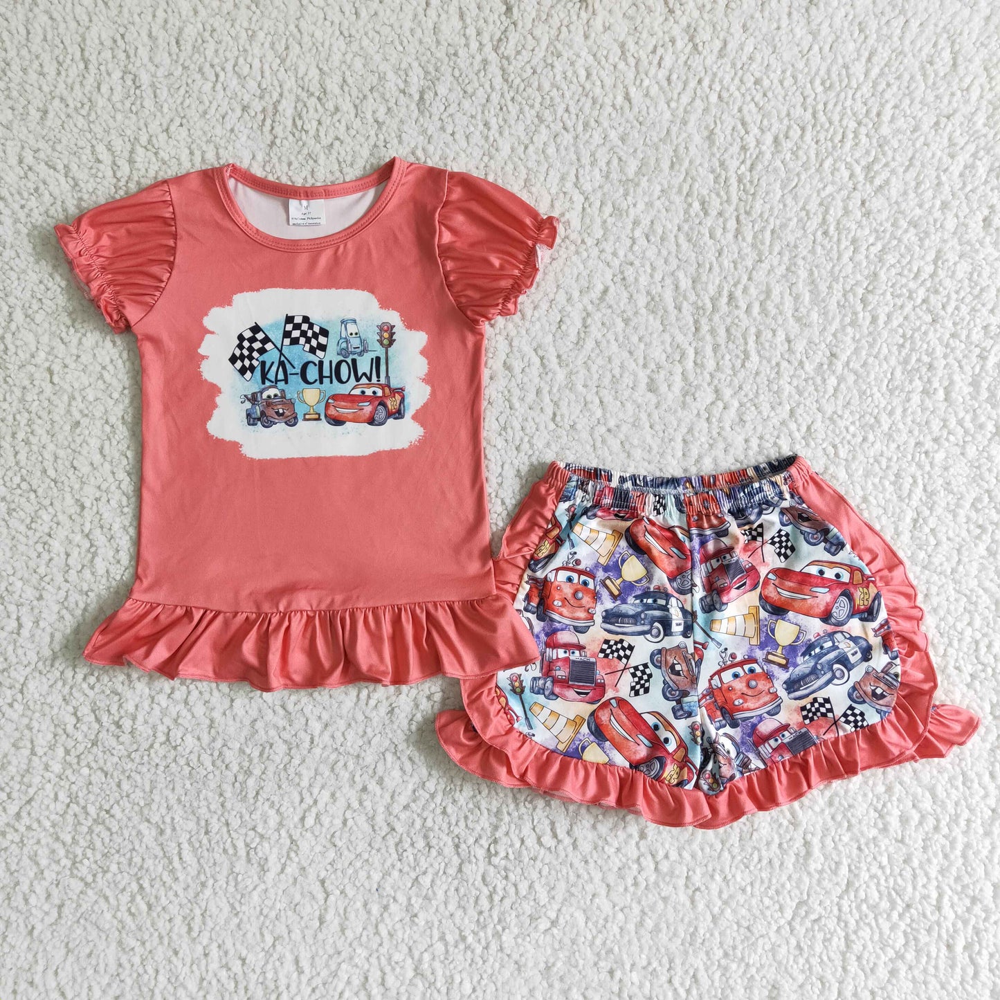 (Promotion)Short sleeve ruffles shorts cartoon car summer outfits C1-30