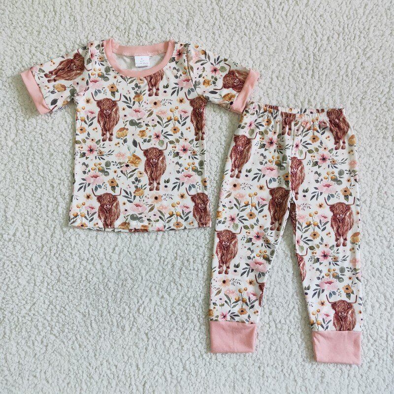 (Promotion) C2-14 Highland cow flowers short sleeved pajamas