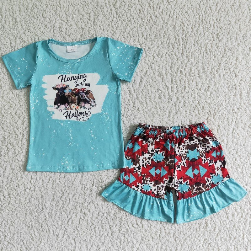 (Promotion)Heifers blue top aztec print ruffles shorts girls summer outfits GSD0046