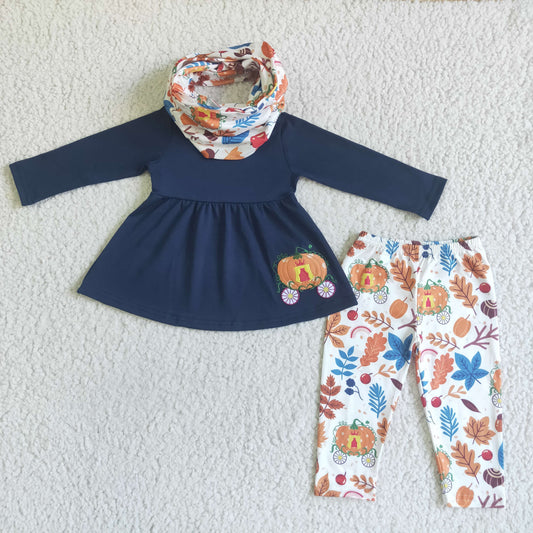 GLP0051 Pumpkin Embroidery Navy Tunic Top Legging Pants Girls Fall 3 Pieces Clothes Set