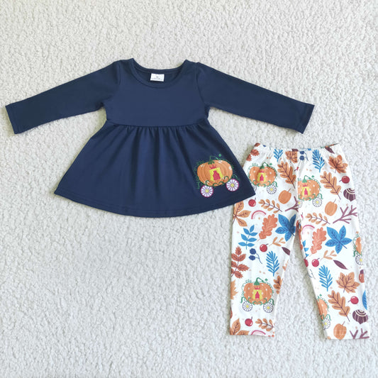GLP0051 Pumpkin Embroidery Navy Tunic Top Legging Pants Girls Fall 3 Pieces Clothes Set