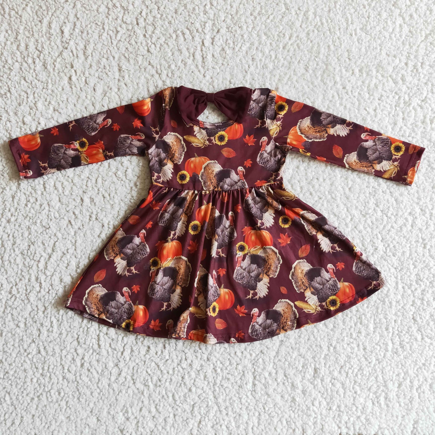 GLD0053 Turkey Pumpkin Print Girls Thanksgiving Knee Length Dress